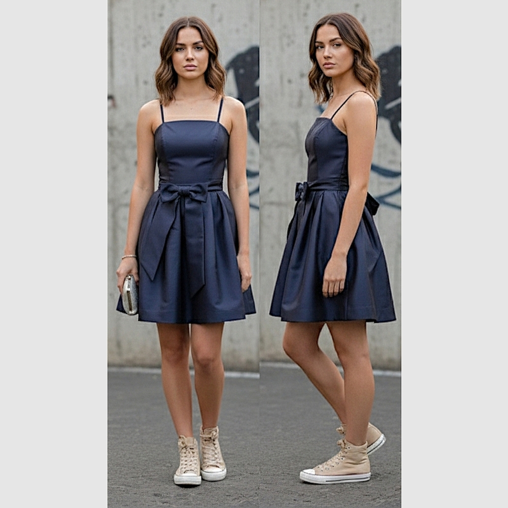 Vintage Jacob Pleated Metallic Satin Navy Mini Dress with Wired bust